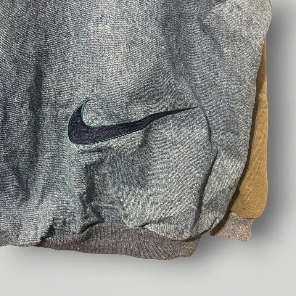 Vintage 90s Nike Denim Varsity Jacket XXL Big Swoosh Back Olive Green Bomber